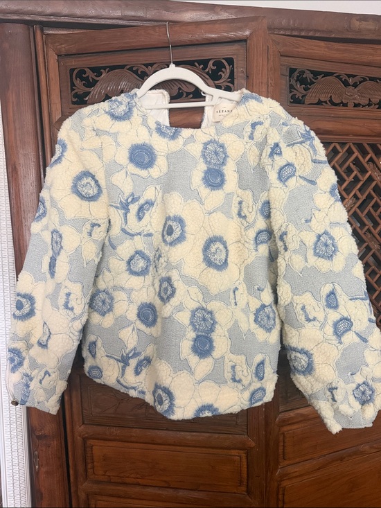Sezane Sweaters - Sezane Cream and Blue Floral Teddy Jacket